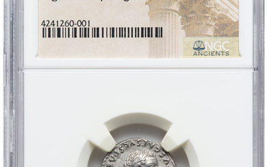 Ancients: , Titus, as Augustus (AD 79-81). AR denarius (17mm, 3.19 gm, 6h). NGC Choice XF 5/5 - 4/5....