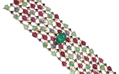 Andreoli Sapphire Emerald Ruby Leaves Colombian Cabochon Diamond 18K Bracelet