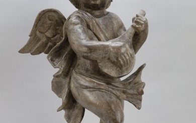 Ange sculpté en bois avec mandoline - Hauteur 62 cm.