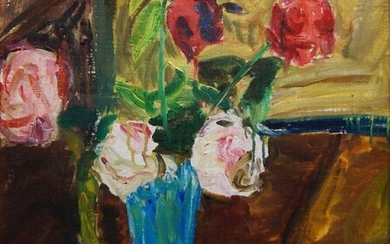 Angelo Iarusso, Italian 1923-1990- Flowers in a blue vase; oil on board, 46 x 37 cm (ARR)