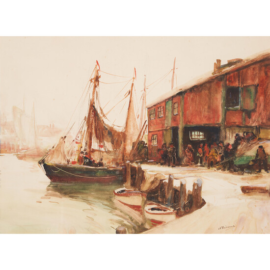 Anthony Thieme (American, 1888-1954) Dockside sight size 17 1/2 x 24 in. (44.5 x 61.0 cm) framed 29 3/4 x 36 in.