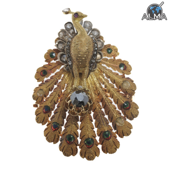 Antique 18K Gold Peacock Brooch Integrated w/ Rose Cut Diamonds, Black Gemstone & Enamel