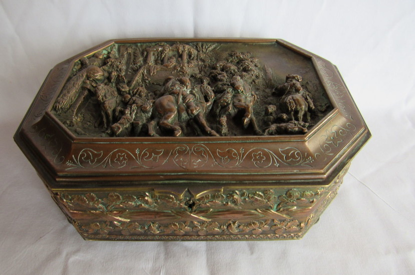 Antique Bronze & Cooper French Box 8X13X18 cm Relief...
