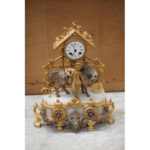 Antique French figural gilt spelter & alabaster mantle clock...