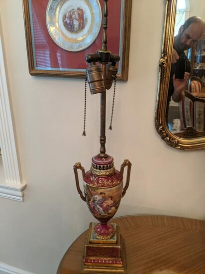 Antique Hand Painted Red Porcelain & Gold Table Lamp