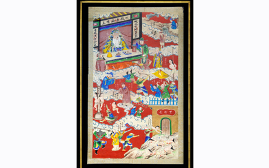 Antique Japanese "Jigoku-Zoshi" painting ("Handscrolls of the buddhist hell") with typical representations and texts.