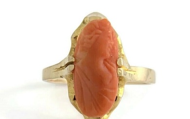 Antique Victorian Cameo Carved Woman Coral Ring 10K Yellow Gold, 1.91 Grams