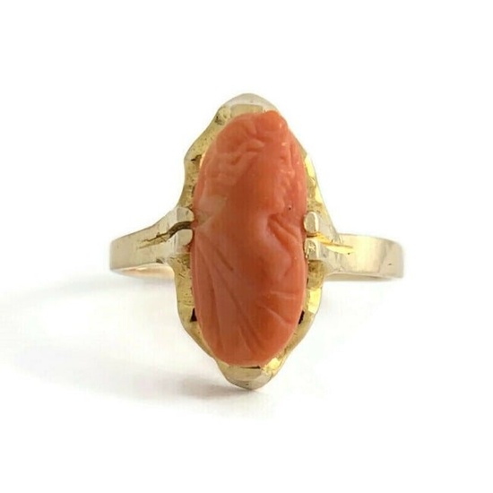 Antique Victorian Cameo Carved Woman Coral Ring 10K Yellow Gold, 1.91 Grams