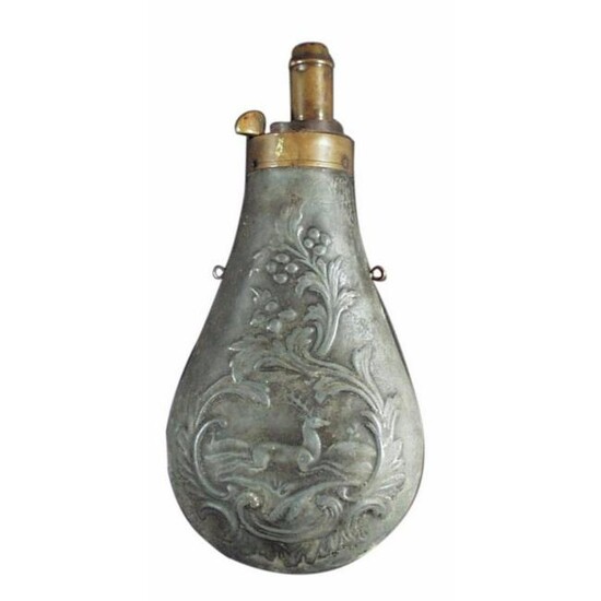 Antique Zinc & Brass Hunting Powder Flask, Stag &