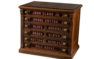 Antique oak case, six drawer Clark's ONT Spool Cabinet in excellent condition, very desirable model