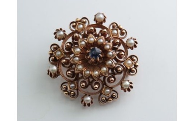 Antique round brooch 560 / 14K Gold Russia, Pearls and Sapphire