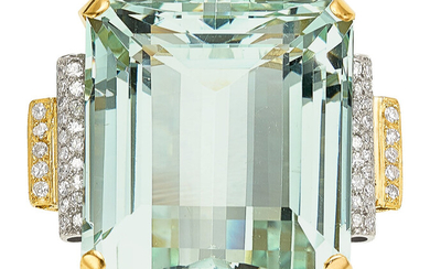 Aquamarine, Diamond, Gold Ring Stones: Emerald-cut aquamarine weighing 71.38...