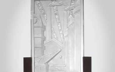 Aristide COLOTTE 1885-1959« Hauts fourneaux » - 1937Épais bas-relief en cristal à décor dégagé à...