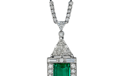 Art Deco Emerald and Diamond Pendant Necklace