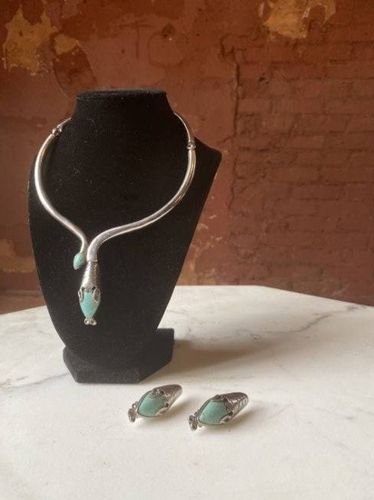 Art Deco Mexican modernist Spratling sterling silver and turquoise necklaceearrings set