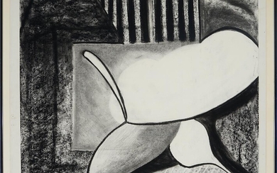 Artist Unknown "Abstract Figure in Interior" charcoal on paper, 55 x 69cm (frame) unsigned, Notanda Gallery label on verso