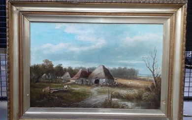 Artist Unknown "Early Settler Farmhouses" oil on canvas, frame: 59 x 79 cm, unsigned