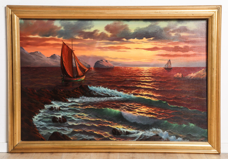 Artist unknown, large framed painting depicting a seascape with sailboats...