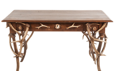 Assembled Stained Pine Desk with Antler Mounts