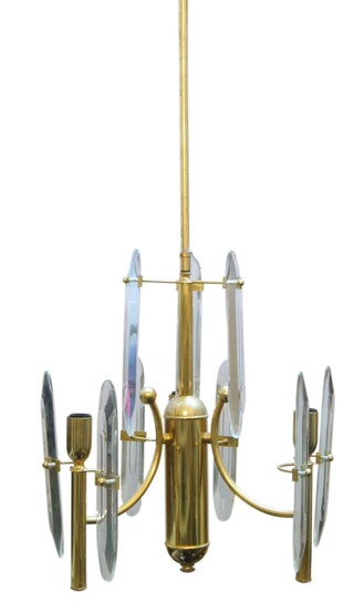 Attributed to Gaetano Sciolari (1927-1994), three light chandelier, circa 1970, brass, glass, 84cm high It is the buyer's responsibility to ensure that electrical items are professionally rewired for use.