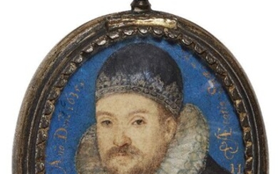 Attributed to Laurence Hilliard, English 1581/82-1648- Portrait miniature of a bearded nobleman, quarter-length turned to the left, wearing a black doublet, cap and lace ruff, against a blue ground with inscription in gold 'Anno Dm. 1635 Aetatis...