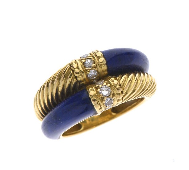 BAGUE double jonc en or jaune 750/°°ciselé et plaques de lapis lazuli séparés de lignes...