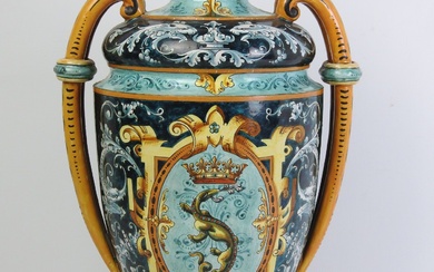 BLOIS - Émile BALON (1859-1929) : Grand vase couvert sur piédouche en faience polychrome à...