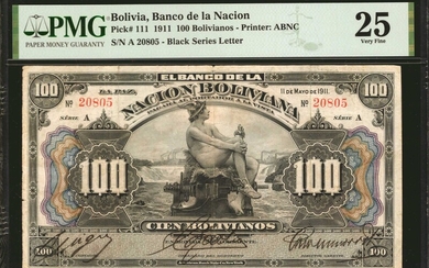 BOLIVIA. El Banco de la Nacion Boliviana. 100 Bolivianos, 1911. P-111. PMG Very Fine 25.