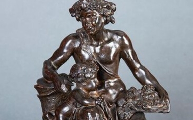 "Bacchus with Little Satyr, France, 19th century. Bluing bronze sculpture. Signed Clodion, following models of the famous French sculptor Claude Michel, known as Clodion, (Paris, 1738 - 1814). Height: 27 cm. Exit: 150uros. (24.958 Ptas.)