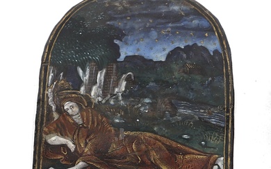 Baiser de paix en émail peint en polychromie, figurant Marie-Madeleine couchée dans un paysage. Limoges,...