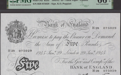 Bank of England, Kenneth O. Peppiatt, £5, 29 January 1945, serial number...