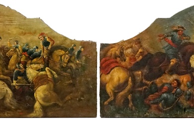 Battaglie, coppia di sovrapporte dipinte ad olio su tela, cm 60x120,5, XX secolo, (difetti).