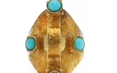 Bent Exner: A turqouise ring set with cabochon turquoises, mounted in partly gilded sterling silver. Size 58.