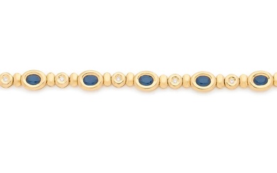 Bracelet en or 18K (750), orné de saphirs ovales alternés de diamants ronds de taille...