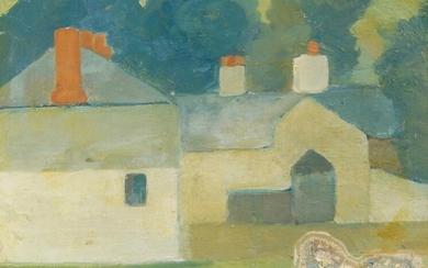 British School, 20th century- Welsh houses; oil on board, label with faint inscription 'Welsh Houses', 18.8 x 39.2 cm Provenance: the Estate of the late designer Anthony Powell (1935 – 2021)