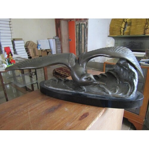 Bronze Sculpture Turn On The Wing Mounted on Oval Form Marbl...