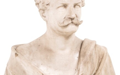 Busto in marmo bianco, XIX secolo raffigurante gentiluomo togato con baffi cm...
