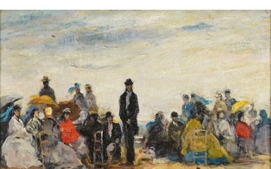 Busy beach scene, French Impressionist oil on canvas, mounte...