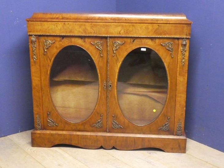 C19th Walnut side cabinet with two doors and oval glazed pan...