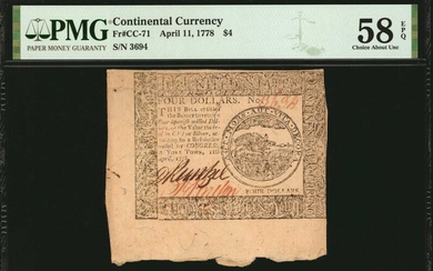 CC-71. Continental Currency. April 11, 1778. $4. PMG Choice About Uncirculated 58 EPQ.