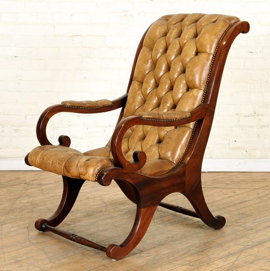 CERULE FORM MAHOGANY LIBRARY CHAIR TUFTED C.1900