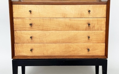 CHEST, 1970s maple with four long drawers ¾ gallery and ebon...
