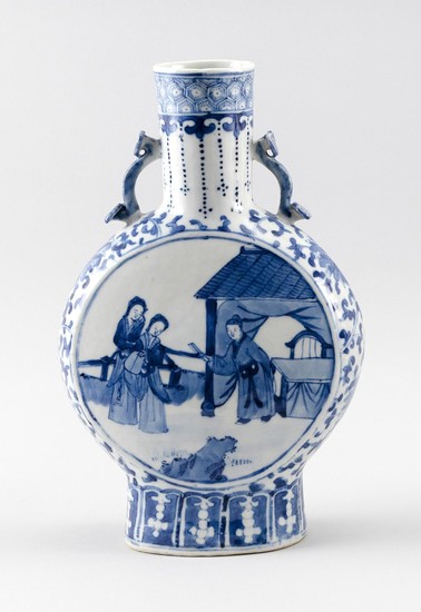 CHINESE BLUE AND WHITE PORCELAIN PILGRIM-FORM VASE Figural decoration. Four-character mark on base. Height 11.75".