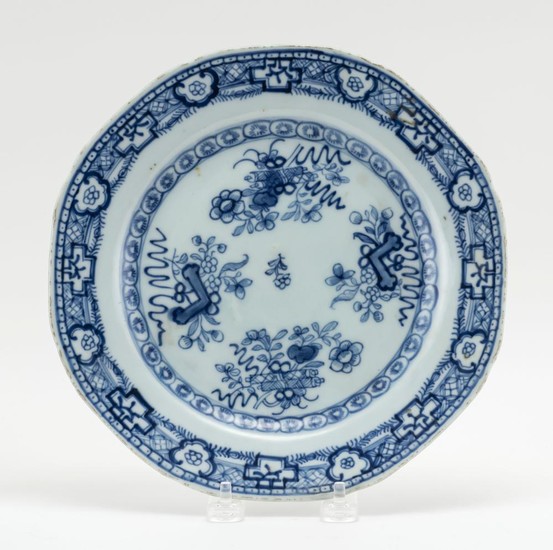 CHINESE BLUE AND WHITE PORCELAIN PLATE With a music stone and scroll design. Diameter 9.25".