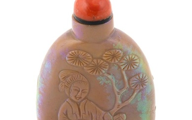 CHINESE CARVED OPAL SNUFF BOTTLE 19th Century Height 2.25". Coral stopper.