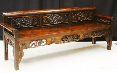 CHINESE CARVED WOOD BENCH, 19TH C.