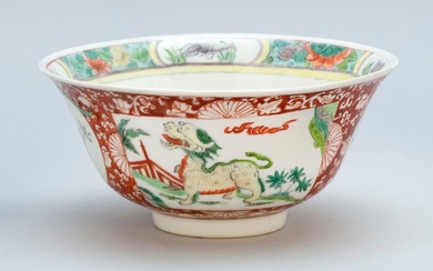 CHINESE FAMILLE VERTE PORCELAIN BOWL Exterior decoration of alternating dragon, carp and crab cartouches on a red ground. Interior w...