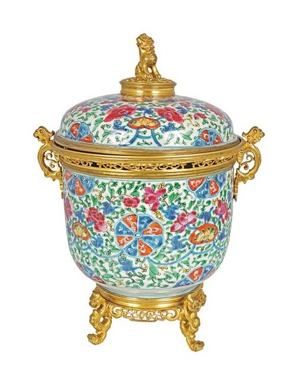 CHINESE QING POLYCHROME AND GILT BRONZE URN