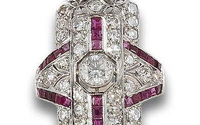 COCKTAIL RING, ART DECO STYLE WITH DIAMONDS, RUBIES AND PLATINUM