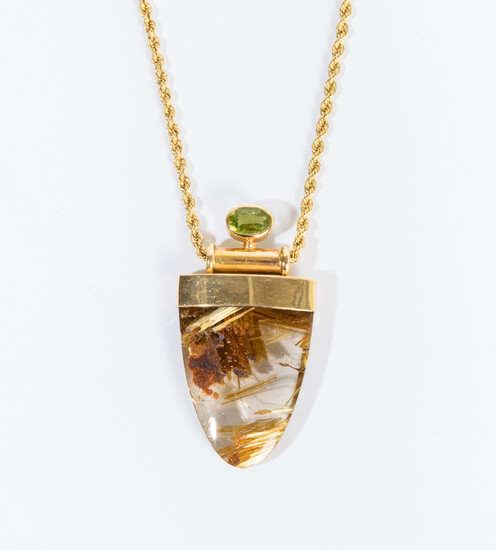 CONTEMPORARY DESIGNER-SIGNED 14K YELLOW GOLD AND OVAL PERIDOT MOUNTED RUTILATED...